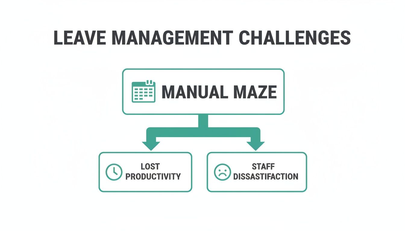 Flowchart illustrating leave management challenges: manual processes lead to lost productivity and staff dissatisfaction.