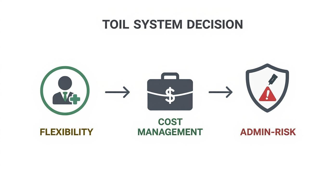 An infographic showing the decision process for a time off in lieu system, balancing employee flexibility, company cost-management, and administrative risk.