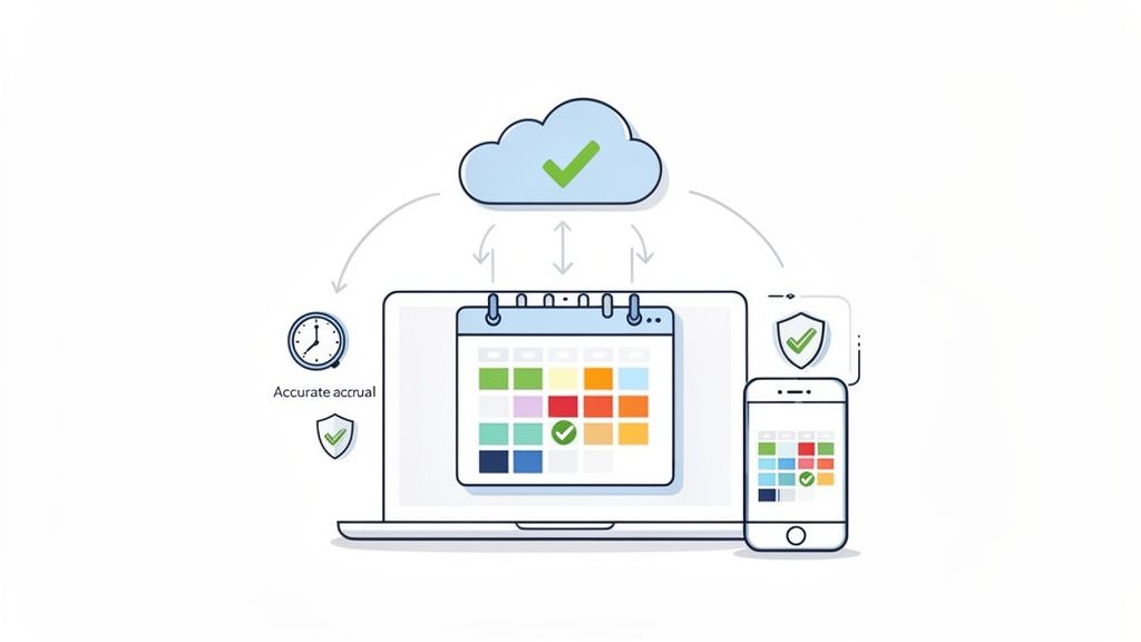 Cloud-synced calendar on a laptop and smartphone, emphasizing accurate leave accrual and security.