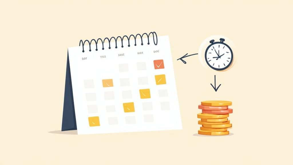 A person using a calculator with paperwork and a coffee cup on their desk.