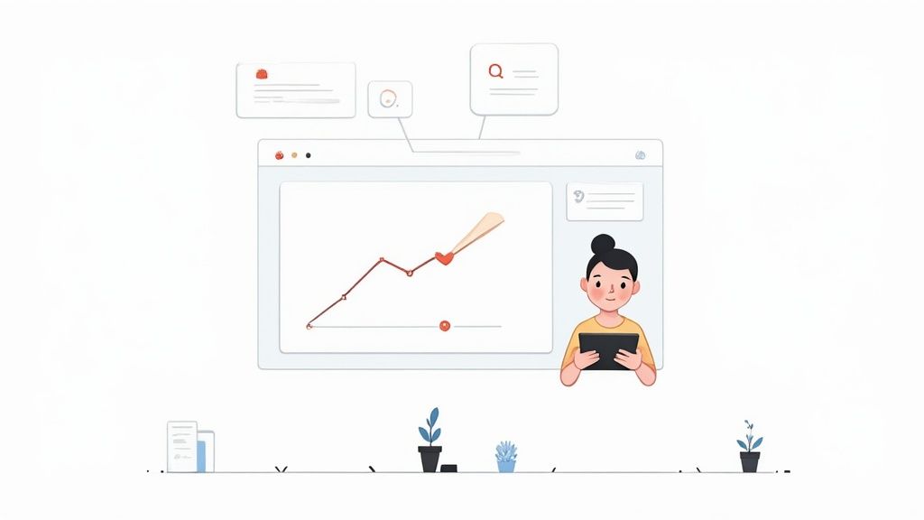 Illustration of a woman with a tablet observing a positive trend graph on a web interface, symbolizing growth.