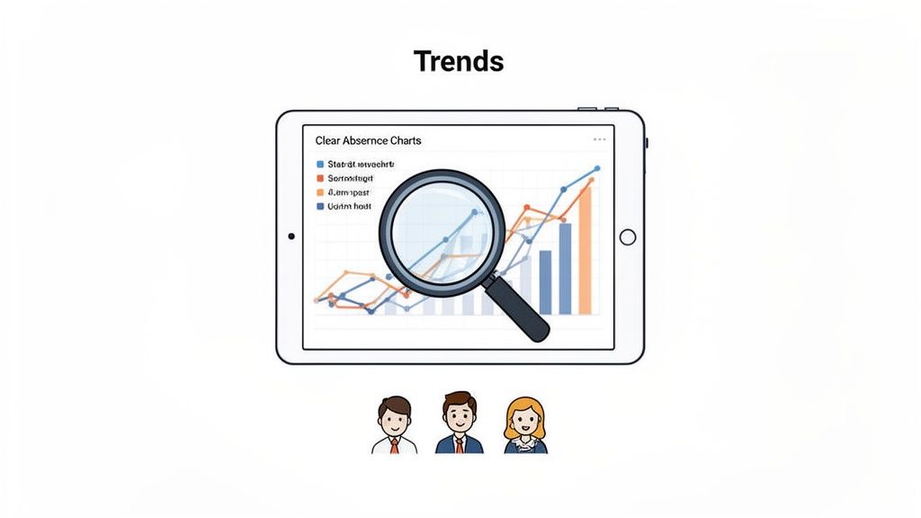Digital tablet showing absence trends and charts, with a magnifying glass highlighting data for employees.