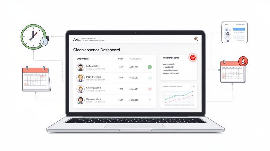 Laptop displaying a clean absence dashboard with employee Bradford scores, connected to time and calendar icons.