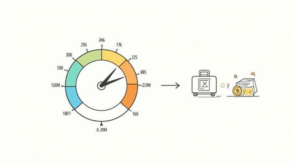A diagram illustrates holiday entitlement calculation, featuring a circular gauge, a suitcase, and money.