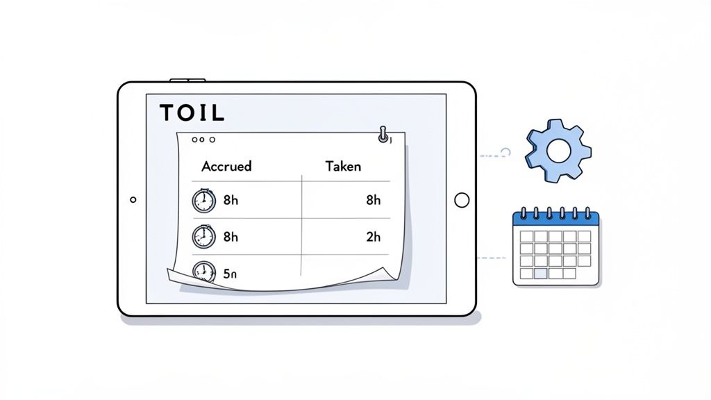 A tablet displays a TOIL (Time Off In Lieu) tracker showing accrued and taken hours, with gear and calendar icons.