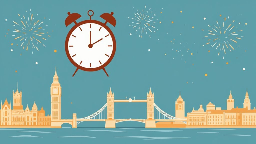 London skyline with Big Ben and alarm clock showing two o'clock with festive fireworks