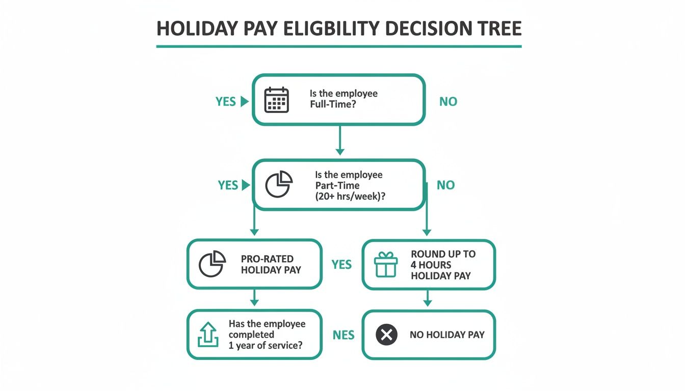 Decision tree outlining holiday pay eligibility based on employment status and years of service.