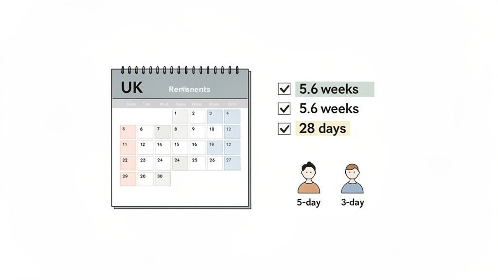 An illustration showing a calendar, a checklist with holiday entitlement periods, and figures for work schedules.