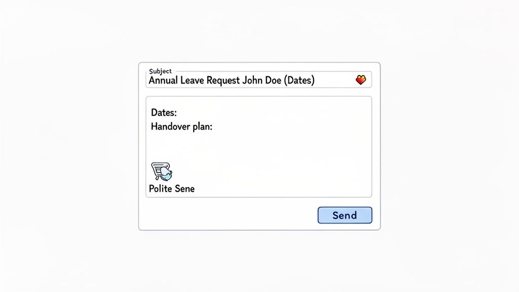 An email draft for an annual leave request by John Doe, showing fields for dates and handover plan, with a send button.