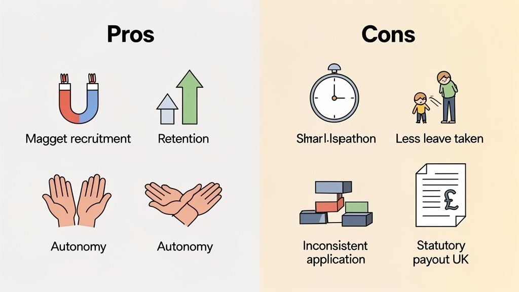 A visual showing pros and cons of unlimited time off, with points like recruitment, retention, and leave taken.