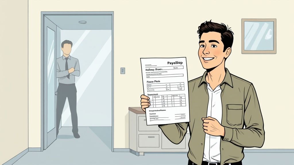 A person holding a final payslip and a calculator