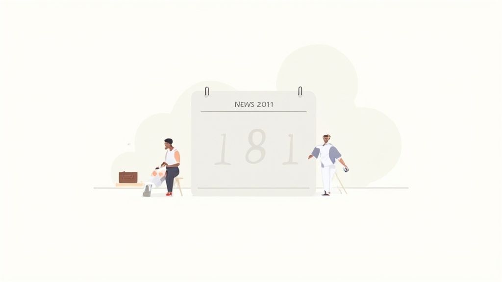 Two illustrated figures next to a large calendar page displaying 'NEWS 2011' and '181'.