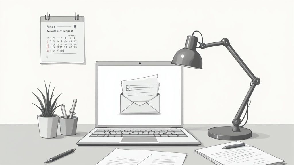 Laptop displaying email draft for annual leave request on organized desk workspace