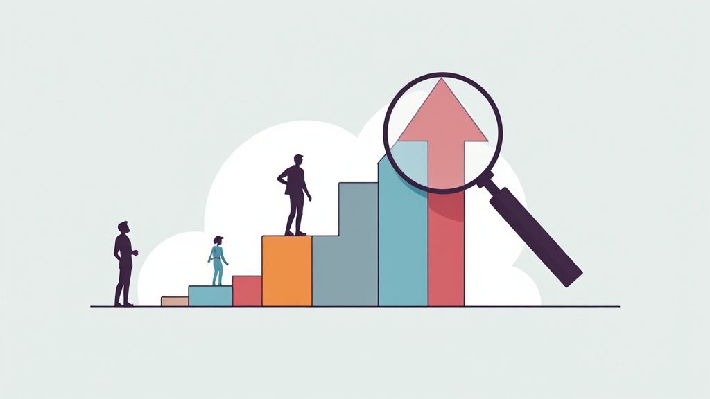 A magnifying glass hovering over a bar chart, revealing underlying patterns and trends within the data, symbolizing the analysis of absence records.
