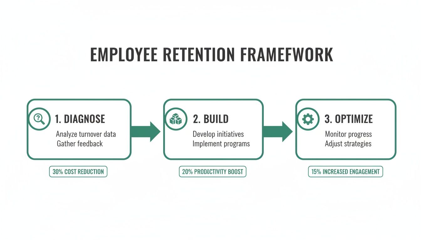 Employee retention framework illustrating diagnose, build, and optimize steps for cost reduction, productivity, and engagement.