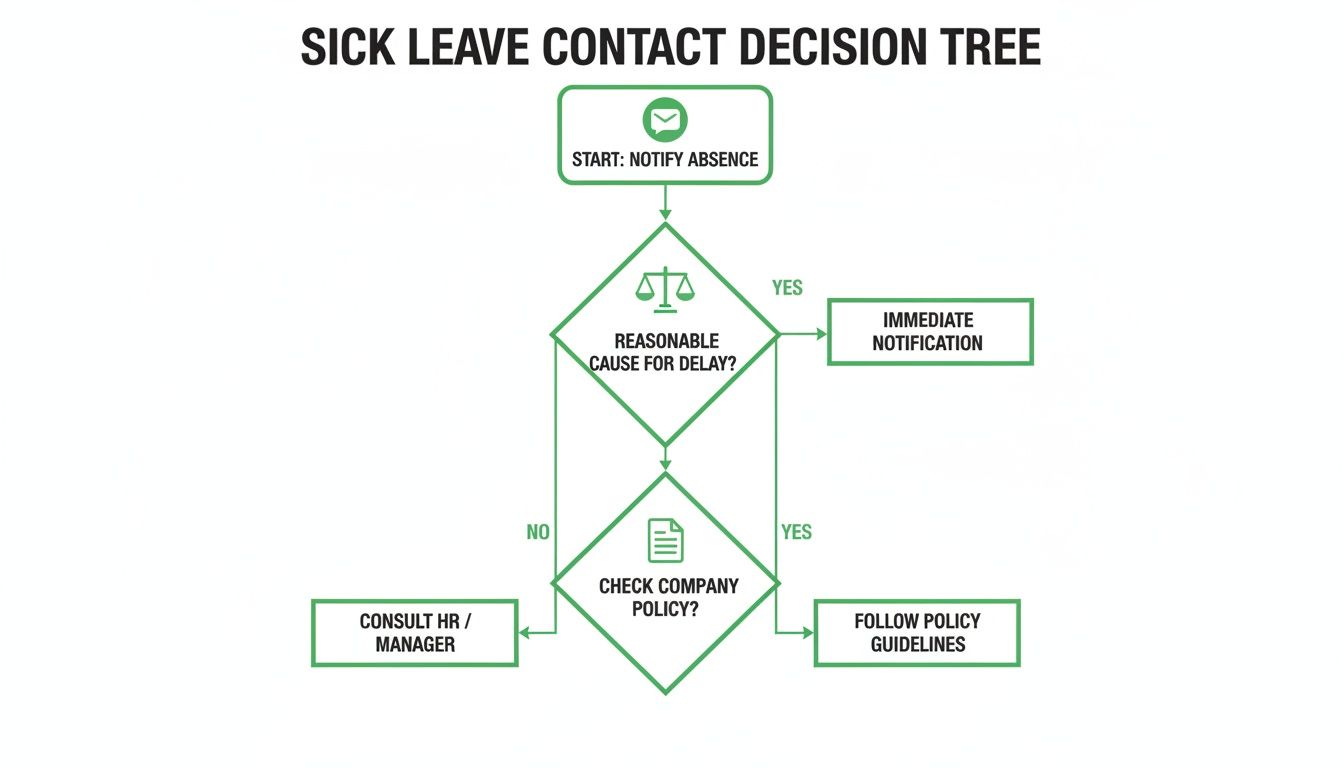 A decision tree flowchart showing the steps for sick leave contact and notification.