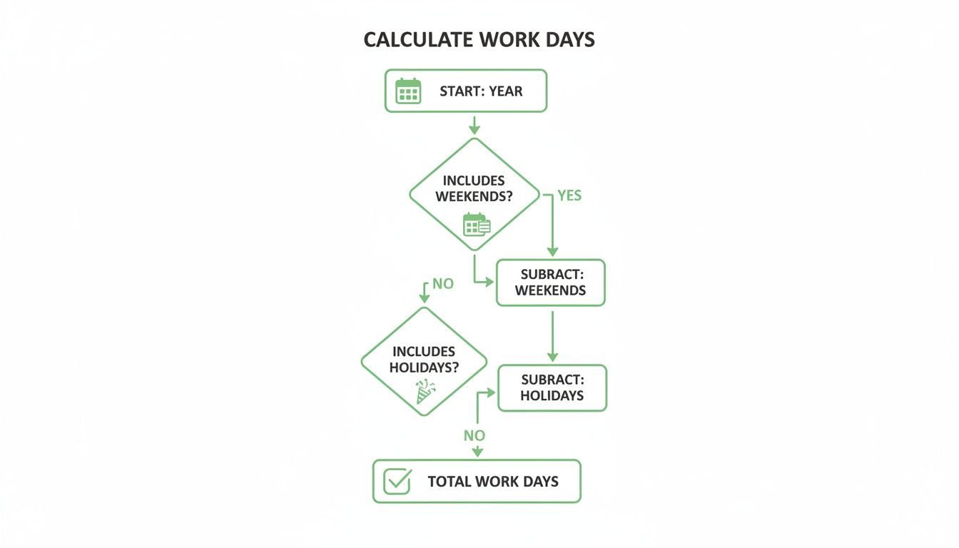 A flowchart illustrates how to calculate total work days by subtracting weekends and holidays from a year.
