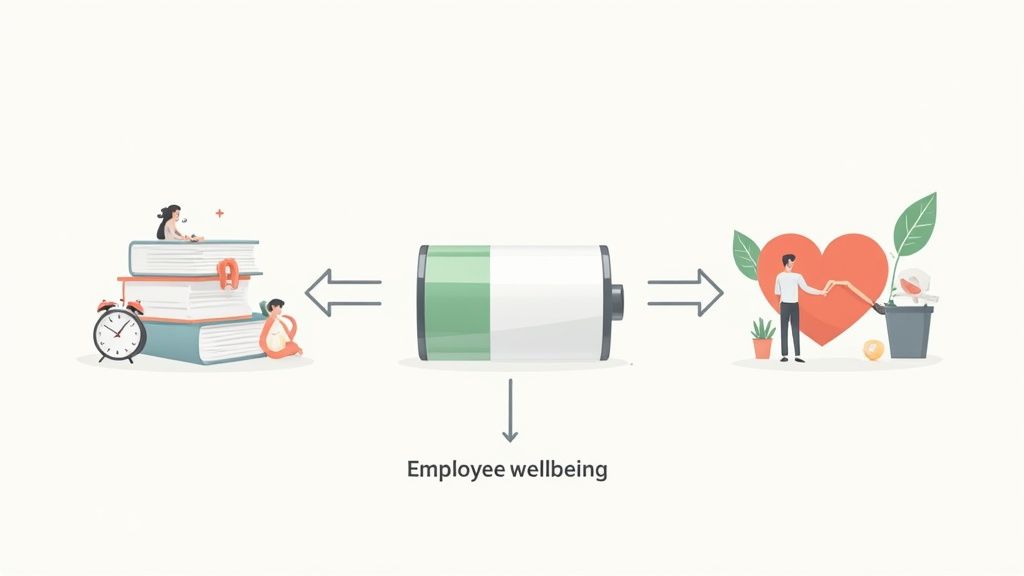 Visualizing employee wellbeing as a battery, showing work demands draining and self-care recharging.