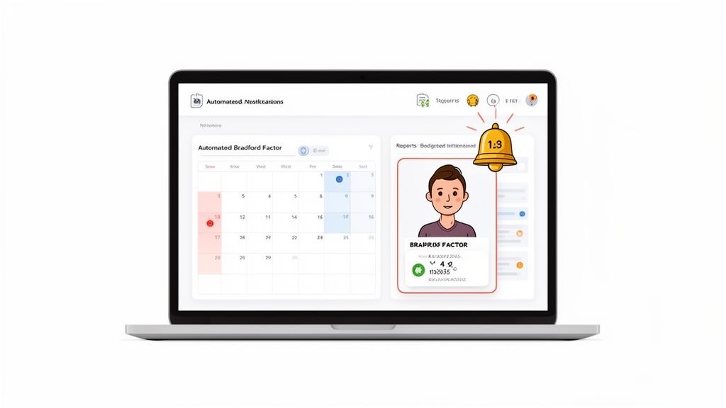 A laptop screen displaying an "Automated Bradford Factor" dashboard with a calendar and employee details.