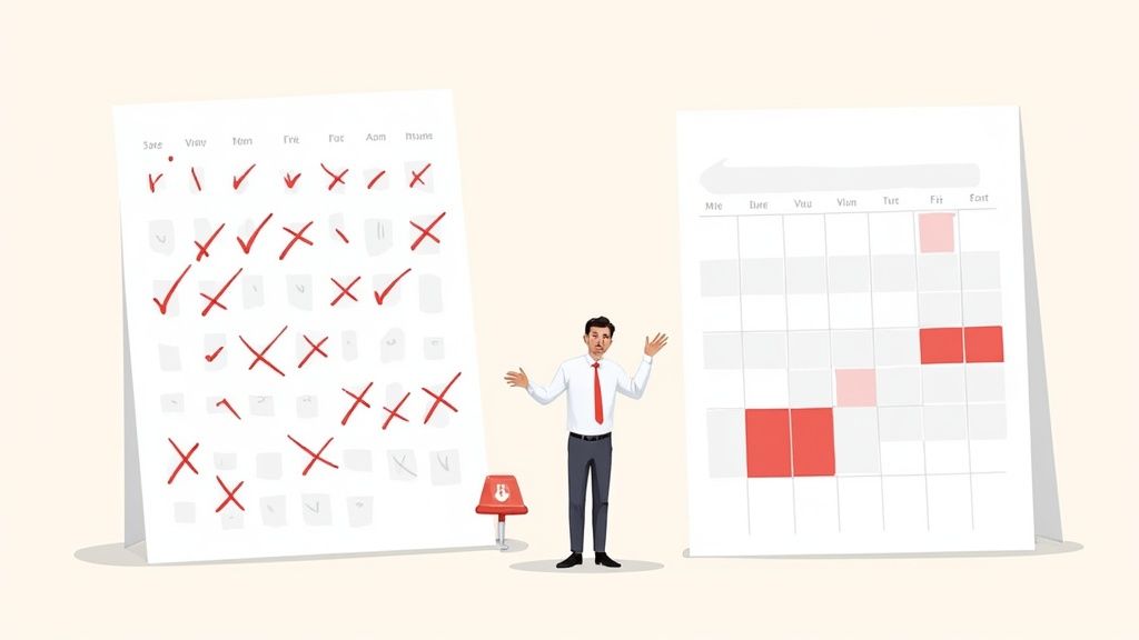 A confused man stands between two calendars, one with red marks and the other with red blocks, symbolizing scheduling conflicts.