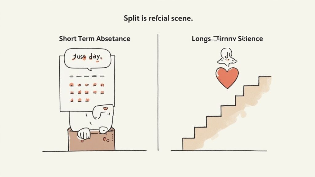 A supportive manager talking with an employee who is returning to work, with a calendar in the background.