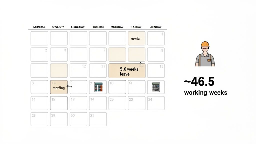 A calendar showing working days and 5.6 weeks of leave, resulting in ~46.5 working weeks.