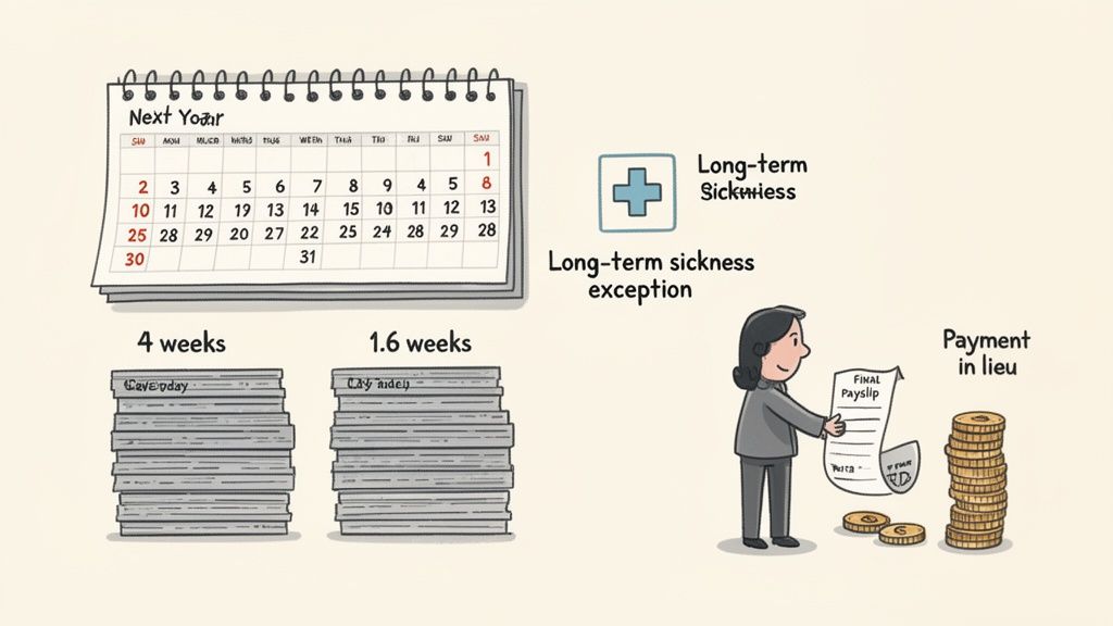 Illustration of calendar, long-term sickness, weeks of allowance, and a final payment in lieu.