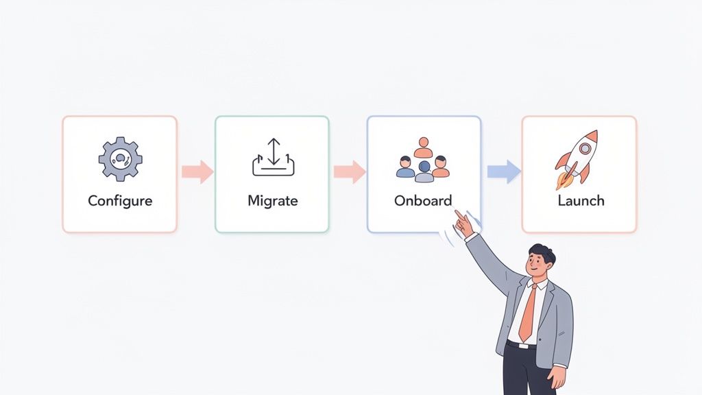 A four-step business process flow diagram: Configure, Migrate, Onboard, Launch, with a man pointing.