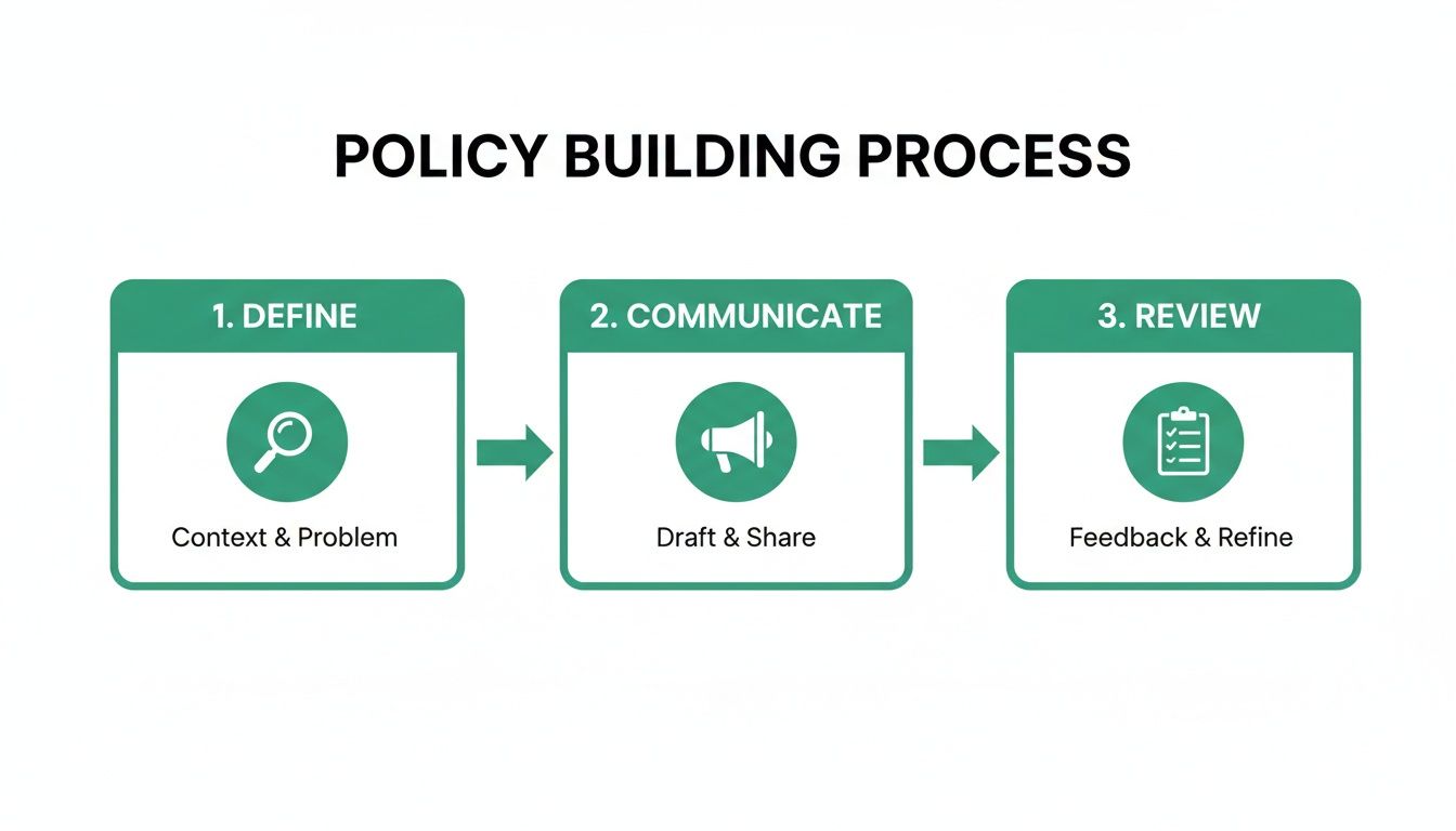 Diagram illustrating the policy building process with steps: Define, Communicate, and Review.