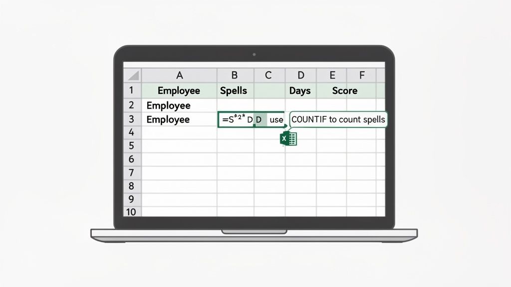 A laptop showing an Excel spreadsheet with a formula and an annotation to use COUNTIF to count spells.