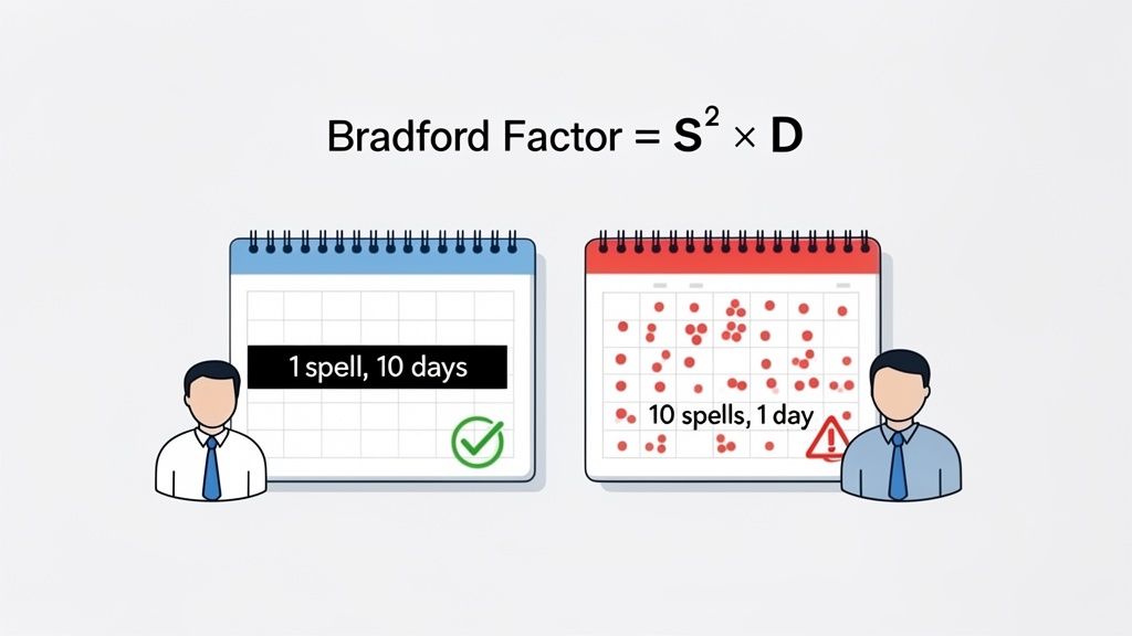 Diagram illustrating the Bradford Factor formula, comparing one long absence spell (low factor) with multiple short spells (high factor).