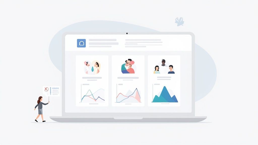 A small person holds a protest sign near a laptop displaying user profiles and data charts related to health.