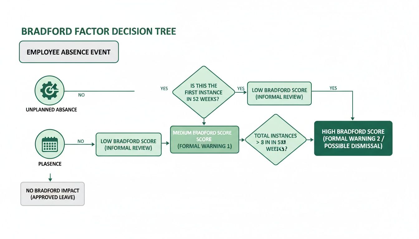 Decision tree illustrating the Bradford Factor for employee absence management and warnings.