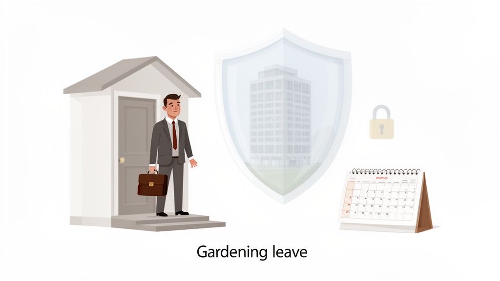 Illustration of a businessman leaving a building, symbolizing gardening leave, with a shield, lock, and calendar.