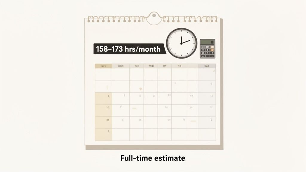 A calendar displaying 158-173 hours per month, with a clock and calculator, representing a full-time estimate.