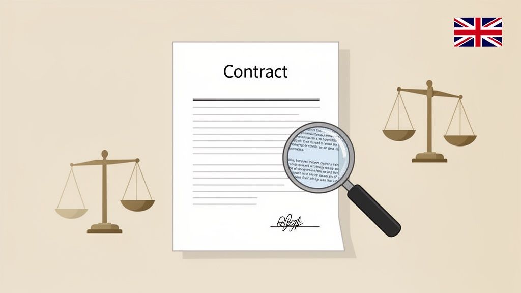 A contract document under a magnifying glass, flanked by scales of justice, with a UK flag.