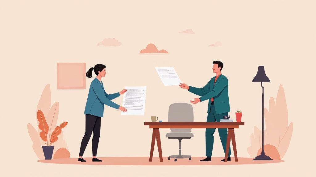 People shaking hands in an office, symbolizing starting or leaving a job