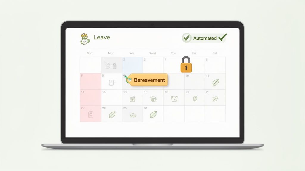 A laptop screen shows a calendar app with 'Leave' title and 'Bereavement' event highlighted.