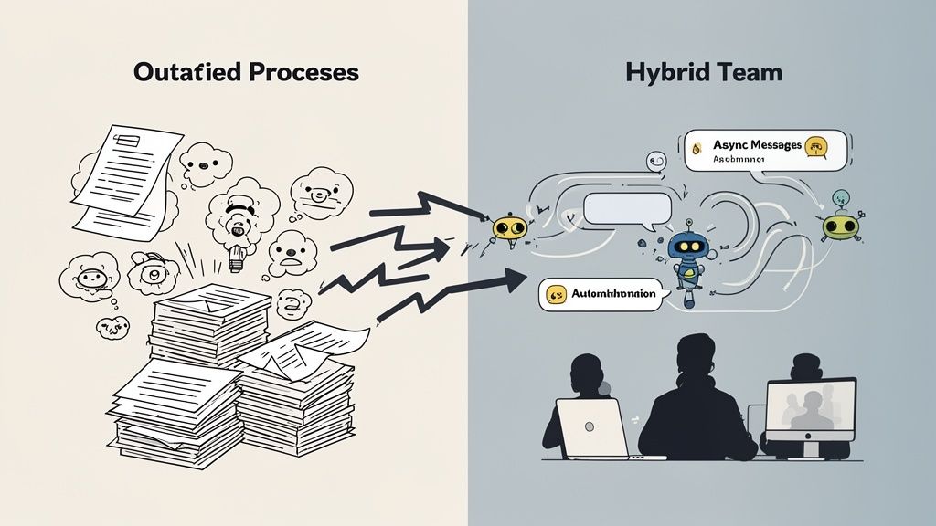 Illustration contrasting outdated paper-based processes with an efficient, automated hybrid team using async messages.
