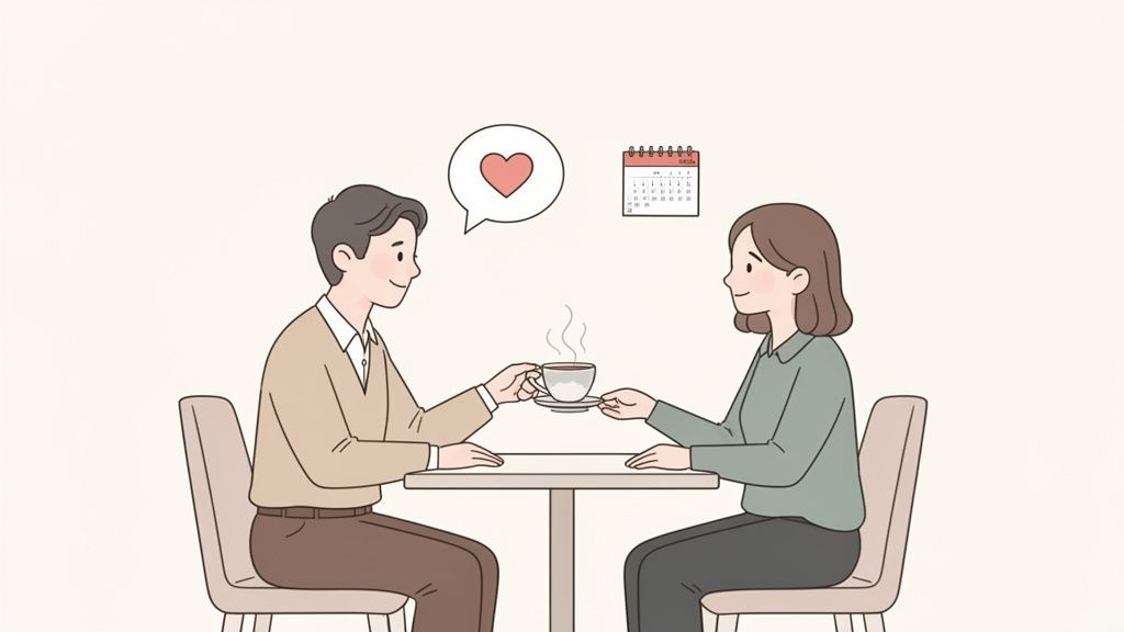 An illustration of a smiling couple on a coffee date, exchanging a steaming cup.