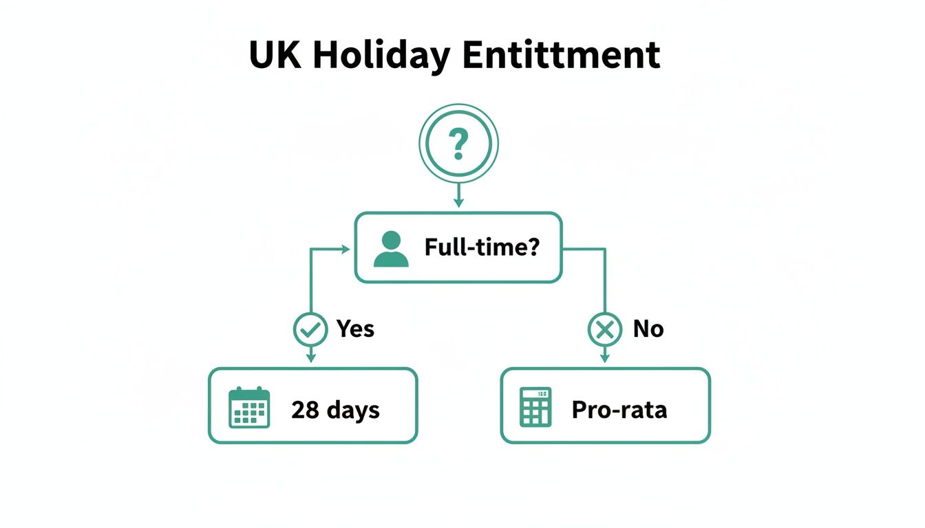 A flowchart explaining UK holiday entitlement: full-time employees receive 28 days, others get pro-rata.