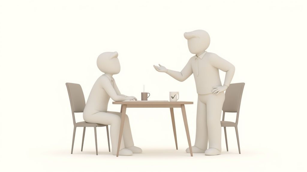 A manager and an employee having a supportive, one-on-one conversation in a bright, modern office.