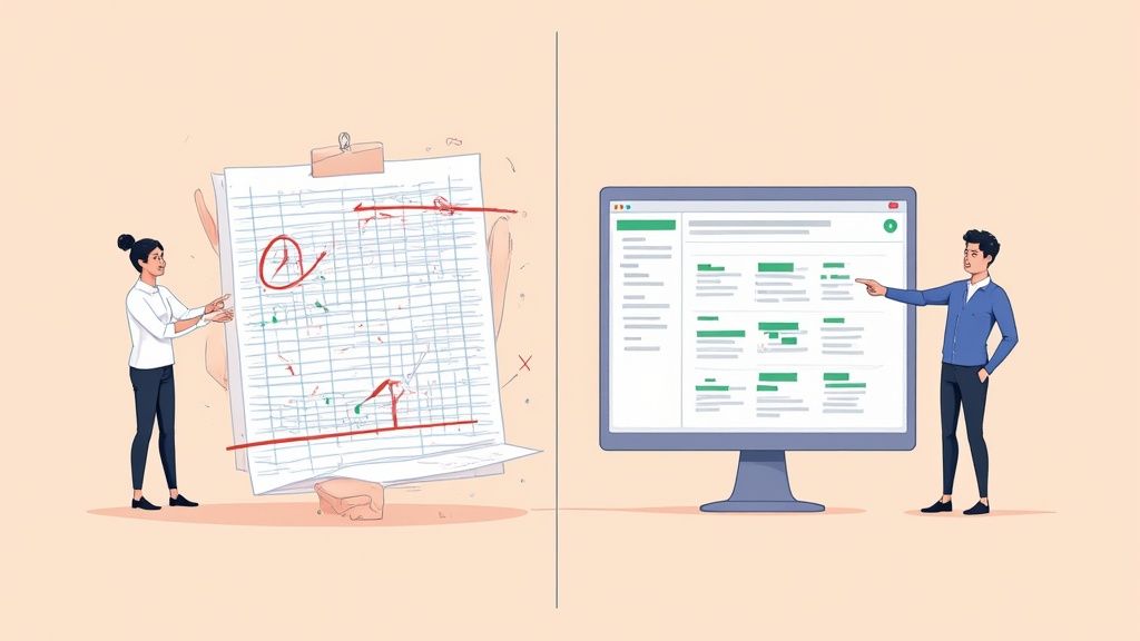 A modern dashboard of a holiday tracking software displayed on a laptop, next to a confusing, cluttered spreadsheet.