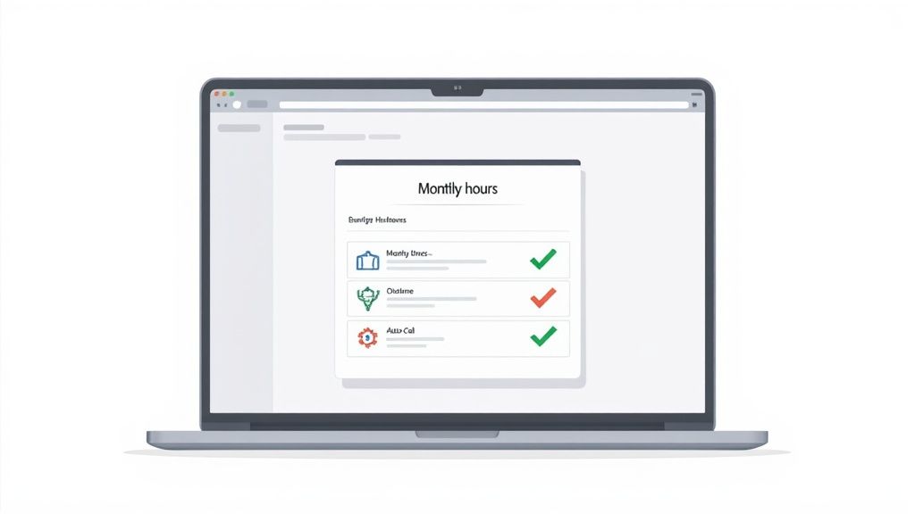 A laptop displays a 'Monthly hours' dashboard, showing a list of tasks with checkmarks and an 'X' mark.