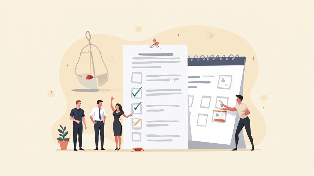 Business team managing tasks, checking off items on a list, and planning on a calendar.