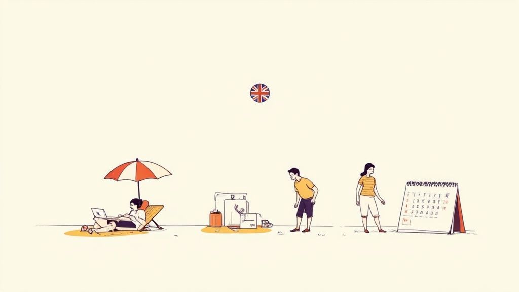 Illustrative scene of people planning and experiencing annual leave, featuring a UK flag.
