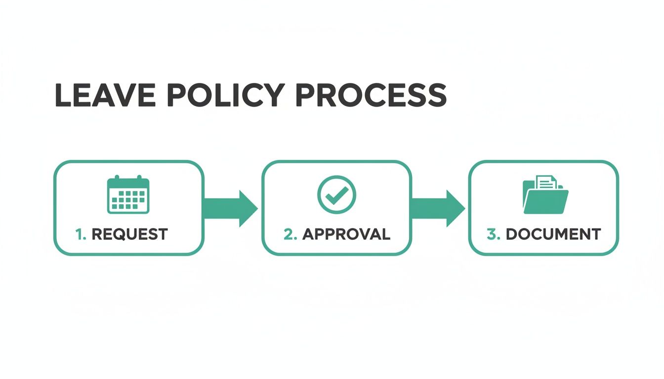 A three-step diagram illustrating the leave policy process: request, approval, and document management.