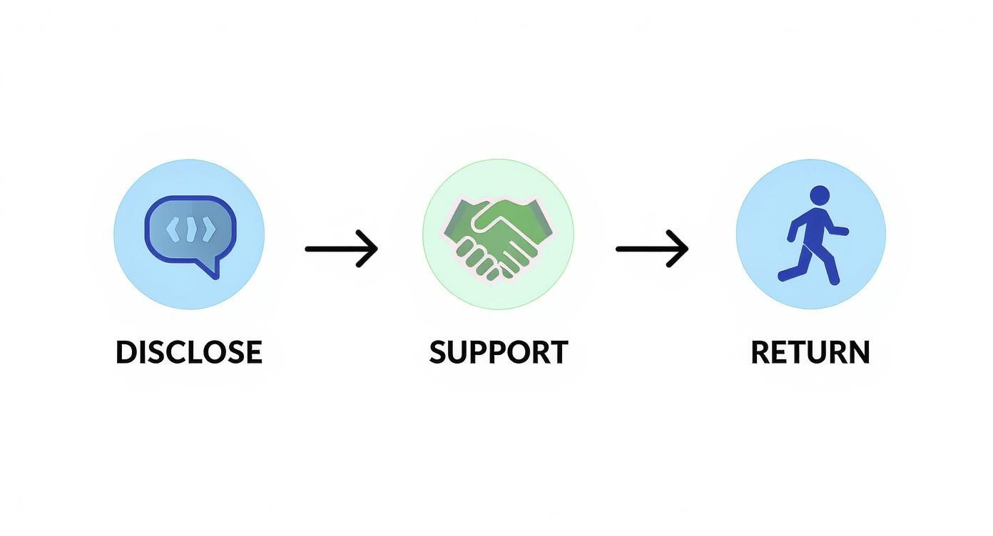 A three-step process infographic: disclose (chat icon), support (handshake), return (person running).