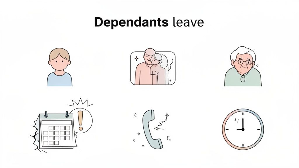 Illustrative representations of dependants leave, featuring family members, calendar, phone, and clock elements.
