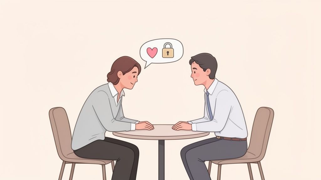 Illustration of a woman and man at a table, with a thought bubble featuring a heart and a locked padlock.